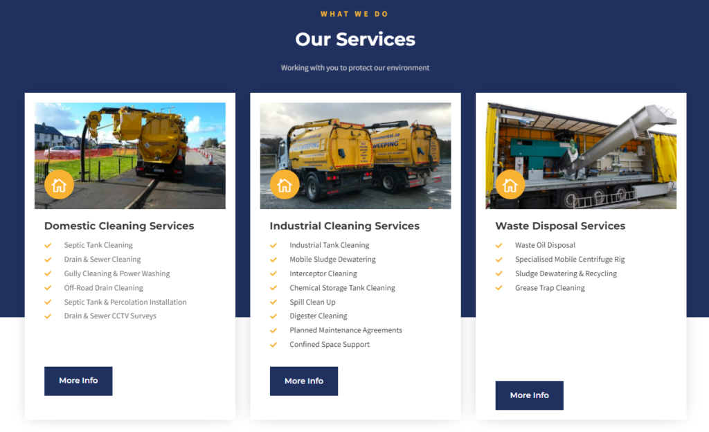 Our services section of main webpage showing domestic and Industrial services.